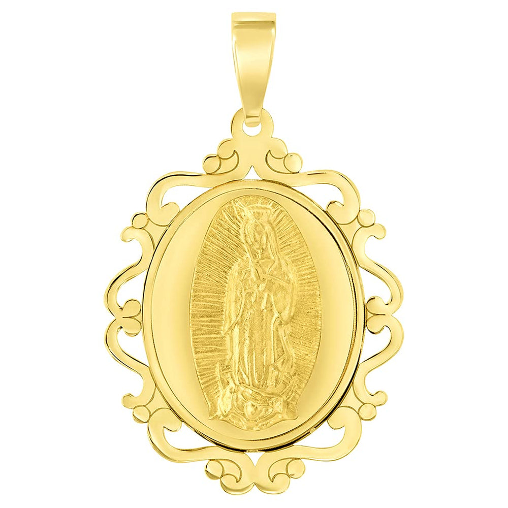 14k Yellow Gold Elegant Ornate Miraculous Medal of Our Lady of Guadalupe Pendant (1")