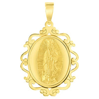 Load image into Gallery viewer, 14k Yellow Gold Elegant Ornate Miraculous Medal of Our Lady of Guadalupe Pendant with Cuban Chain Curb Necklace
