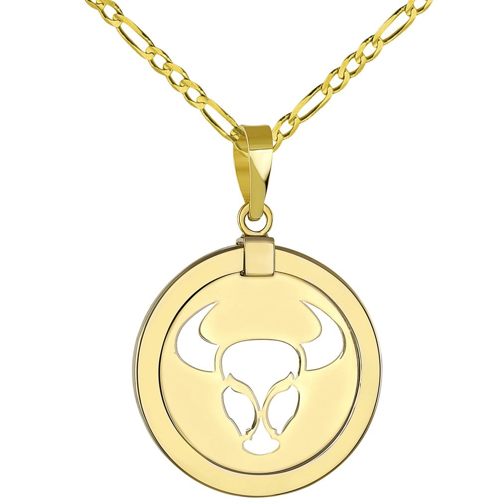 14K Gold Reversible Round Bull Taurus Zodiac Sign Pendant with Figaro Chain Necklace - Yellow Gold