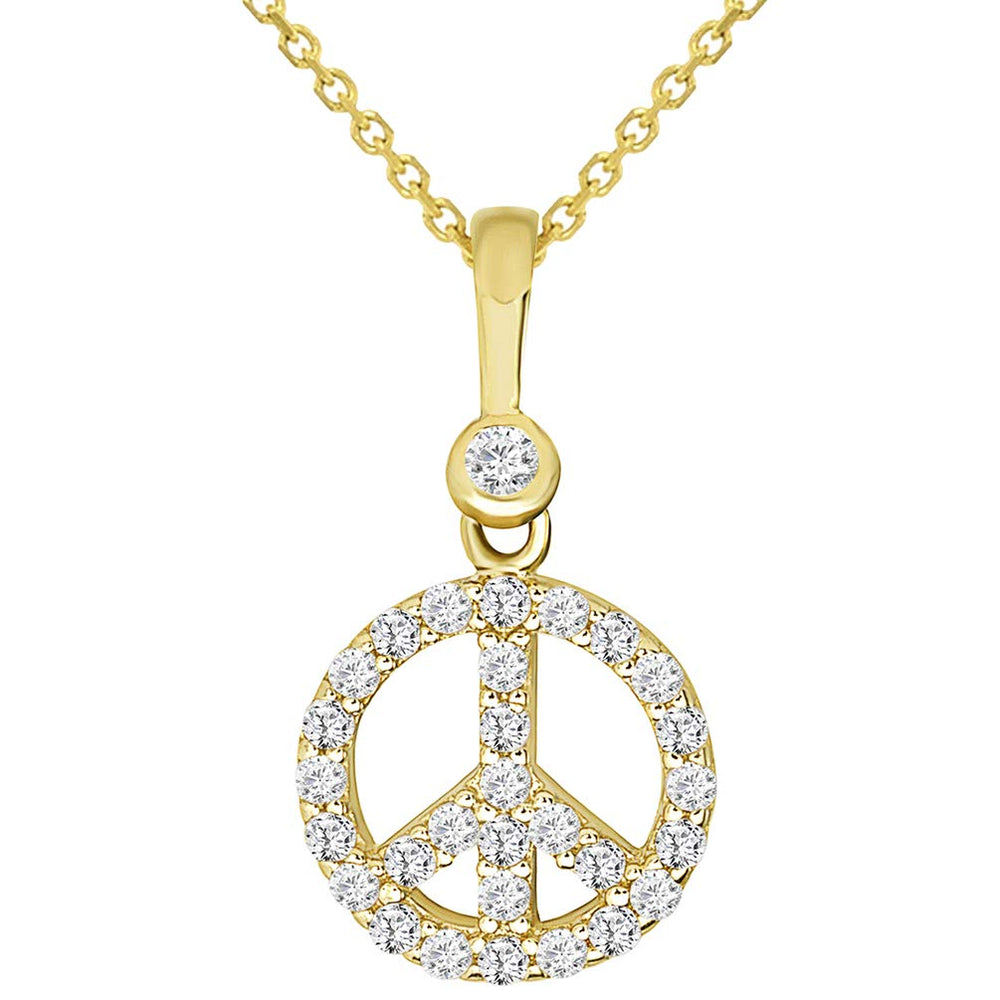 Solid 14k Yellow Gold Mini Peace Symbol Charm Pendant Necklace with Cubic Zirconia