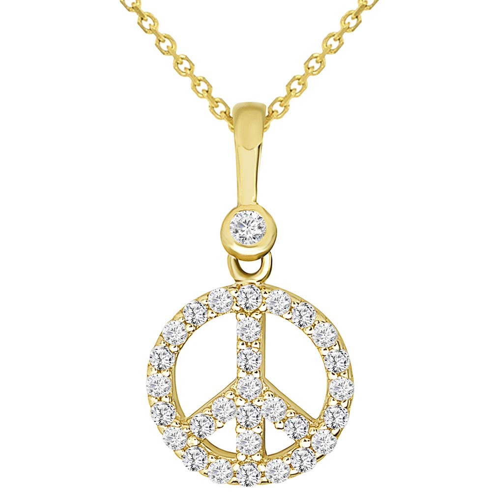 Solid 14k Yellow Gold Mini Peace Symbol Charm Pendant Necklace with Cubic Zirconia