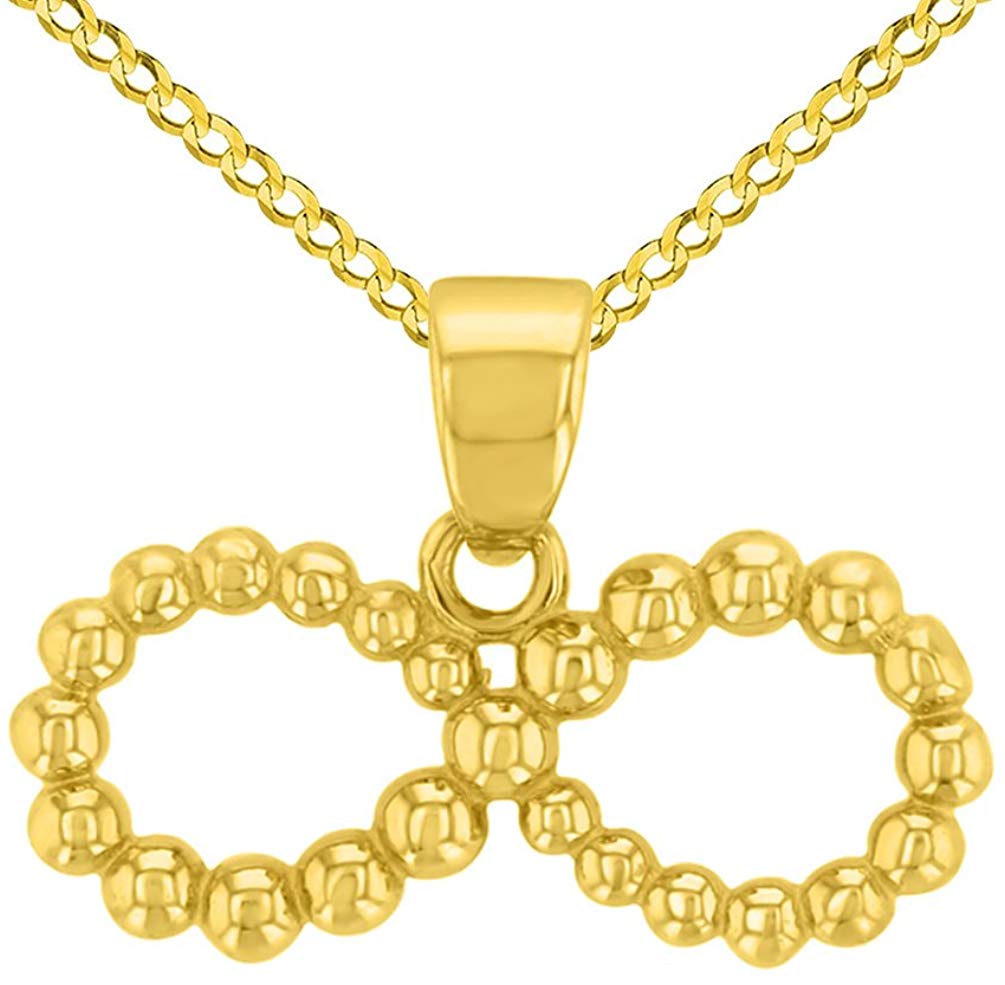 14K Yellow Gold Beaded Style Infinity Pendant with Cuban Chain Necklace