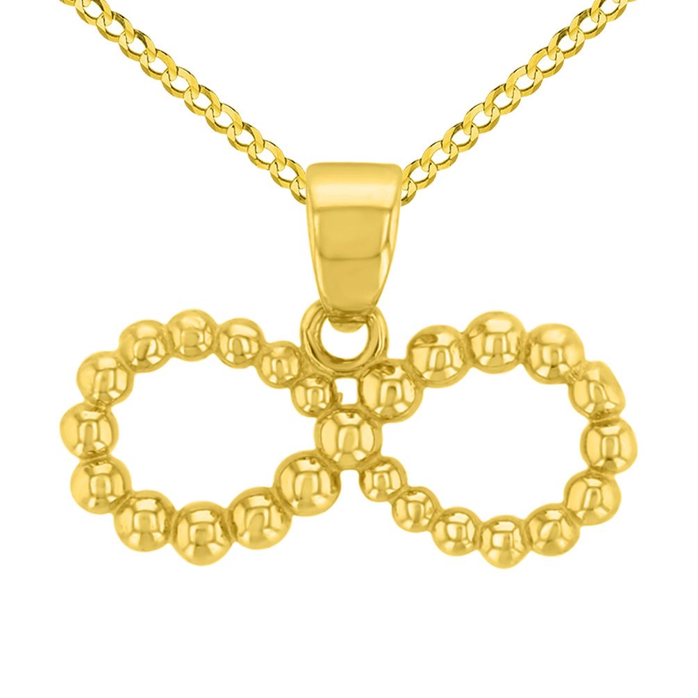 14K Gold Beaded Style Infinity Pendant with Cuban Chain Necklace - Yellow Gold