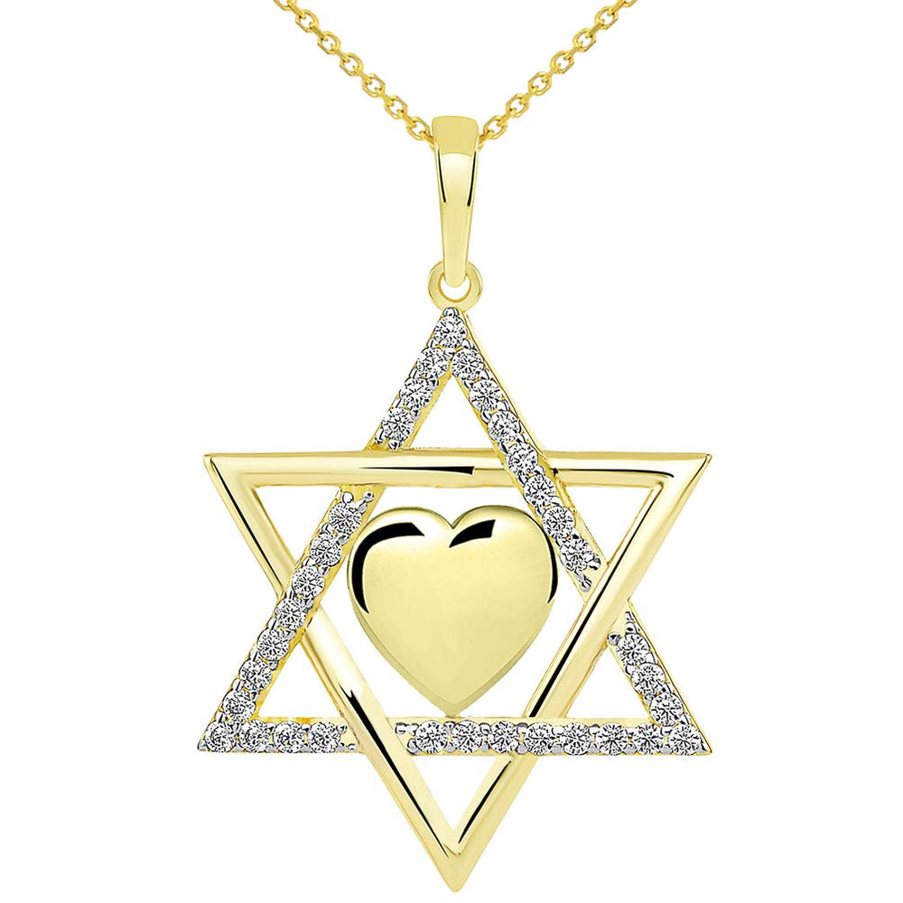 14k Yellow Gold Jewish Love CZ Star of David with Heart Pendant Necklace