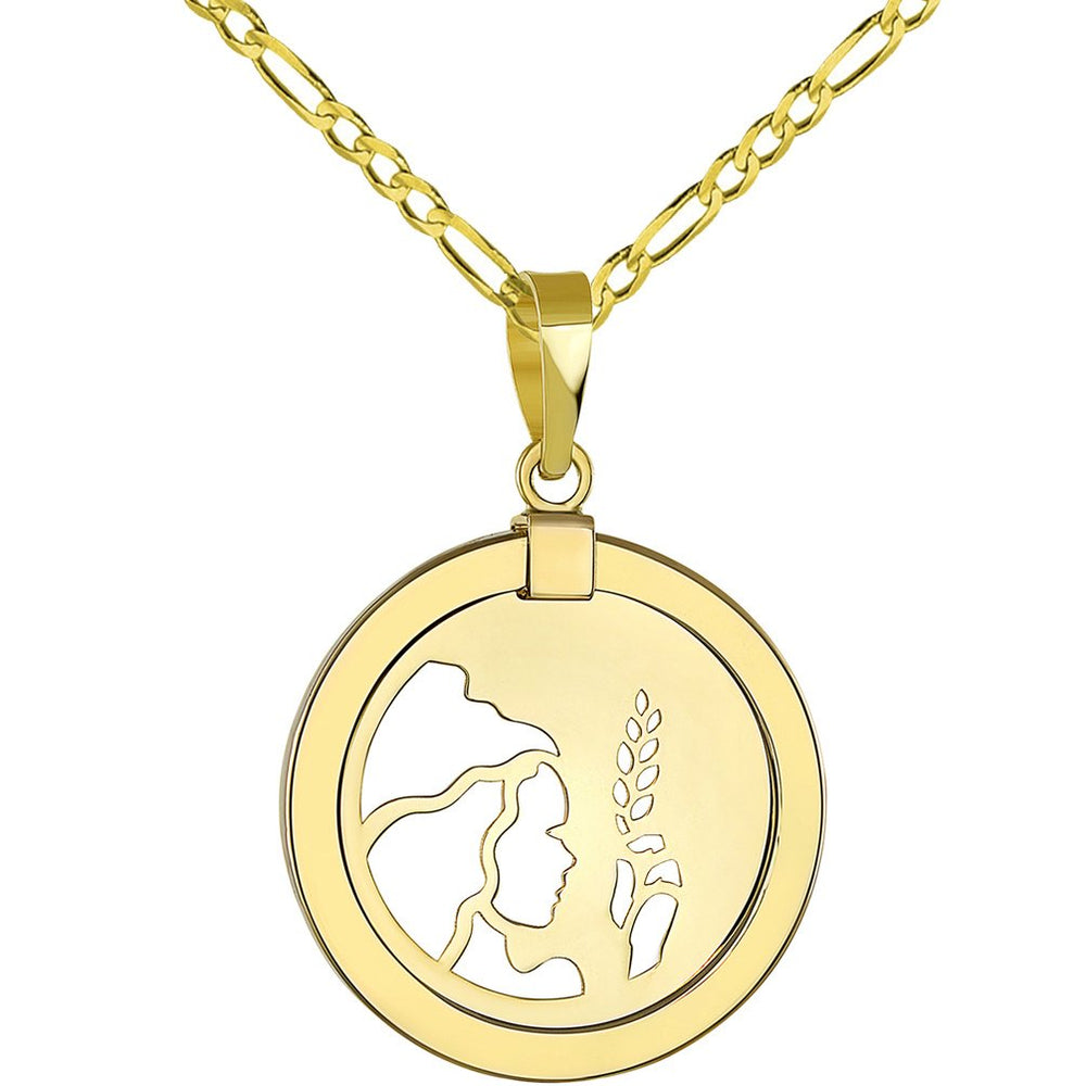 14K Gold Reversible Round Virgo Zodiac Sign Pendant with Figaro Chain Necklace - Yellow Gold