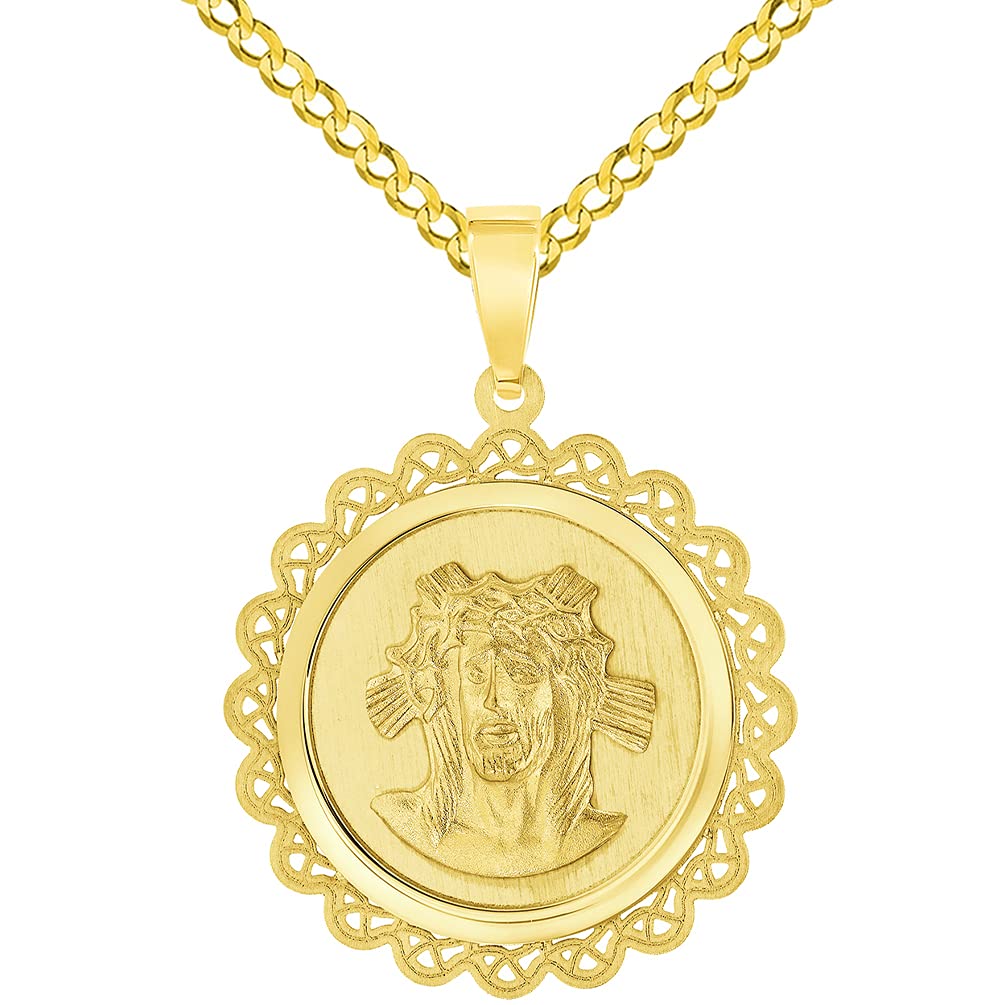 14k Yellow Gold Holy Face of Jesus Christ On Round Ornate Miraculous Medal Pendant with Cuban Chain Curb Necklace