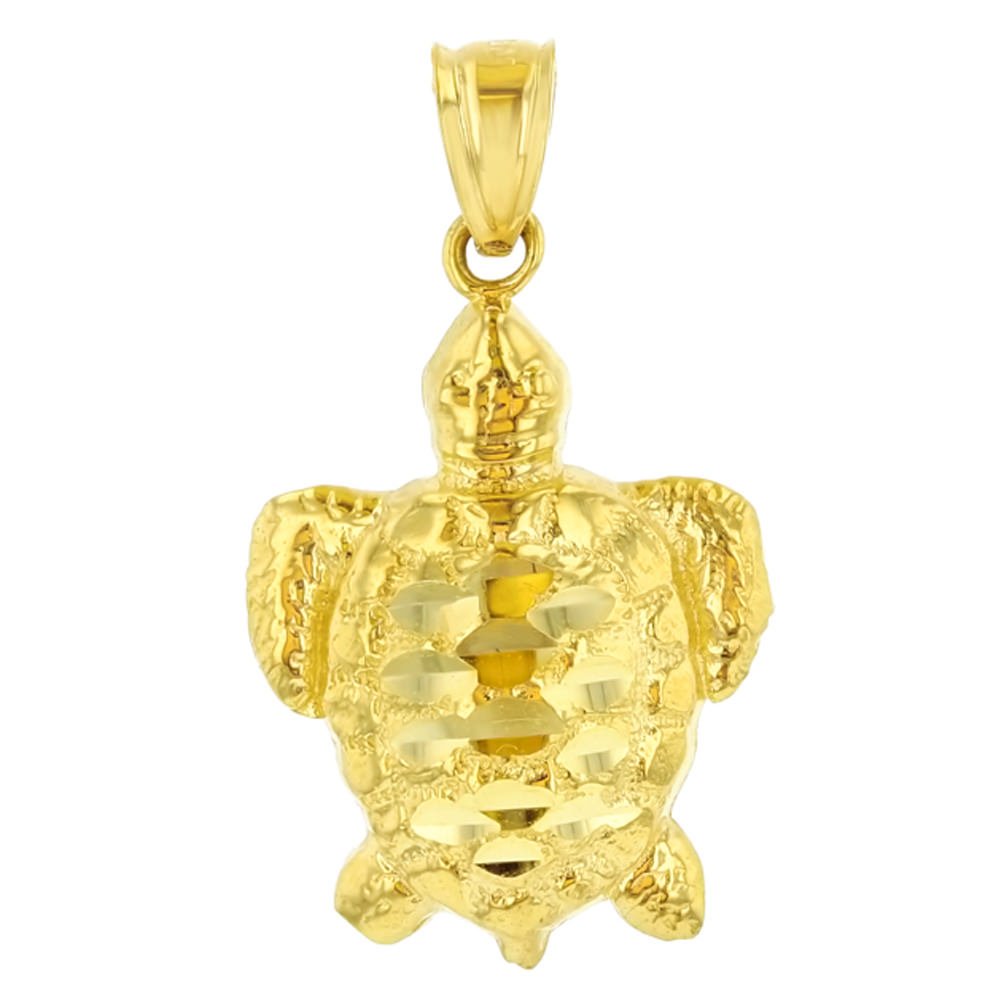 14K Yellow Gold Textured Sea Turtle Charm Animal Pendant
