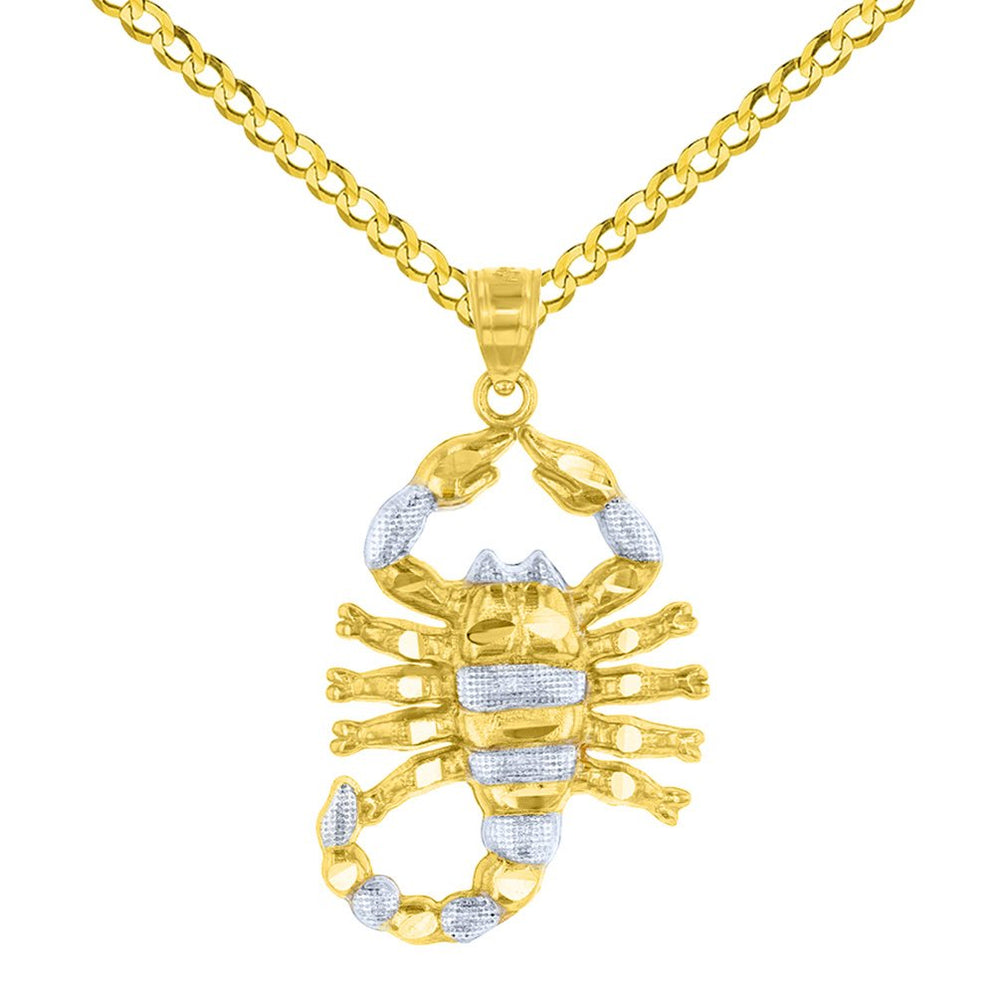 Solid 14K Yellow Gold Textured Scorpion Charm Scorpio Zodiac Pendant with Cuban Chain Necklace
