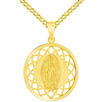 Load image into Gallery viewer, 14k Yellow Gold Round Open Ornate Miraculous Medal of Our Lady of Guadalupe Pendant with Cuban Chain Curb Necklace
