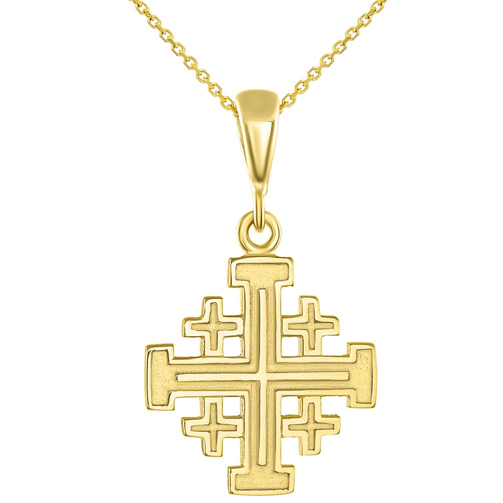 Solid 14K Gold Crusaders Jerusalem Cross Pendant Necklace - Yellow Gold