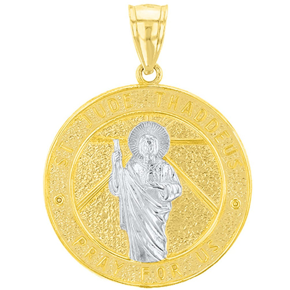 Solid 14K Yellow Gold St. Jude Thaddeus Pray For Us Medallion with Praying Hands Pendant