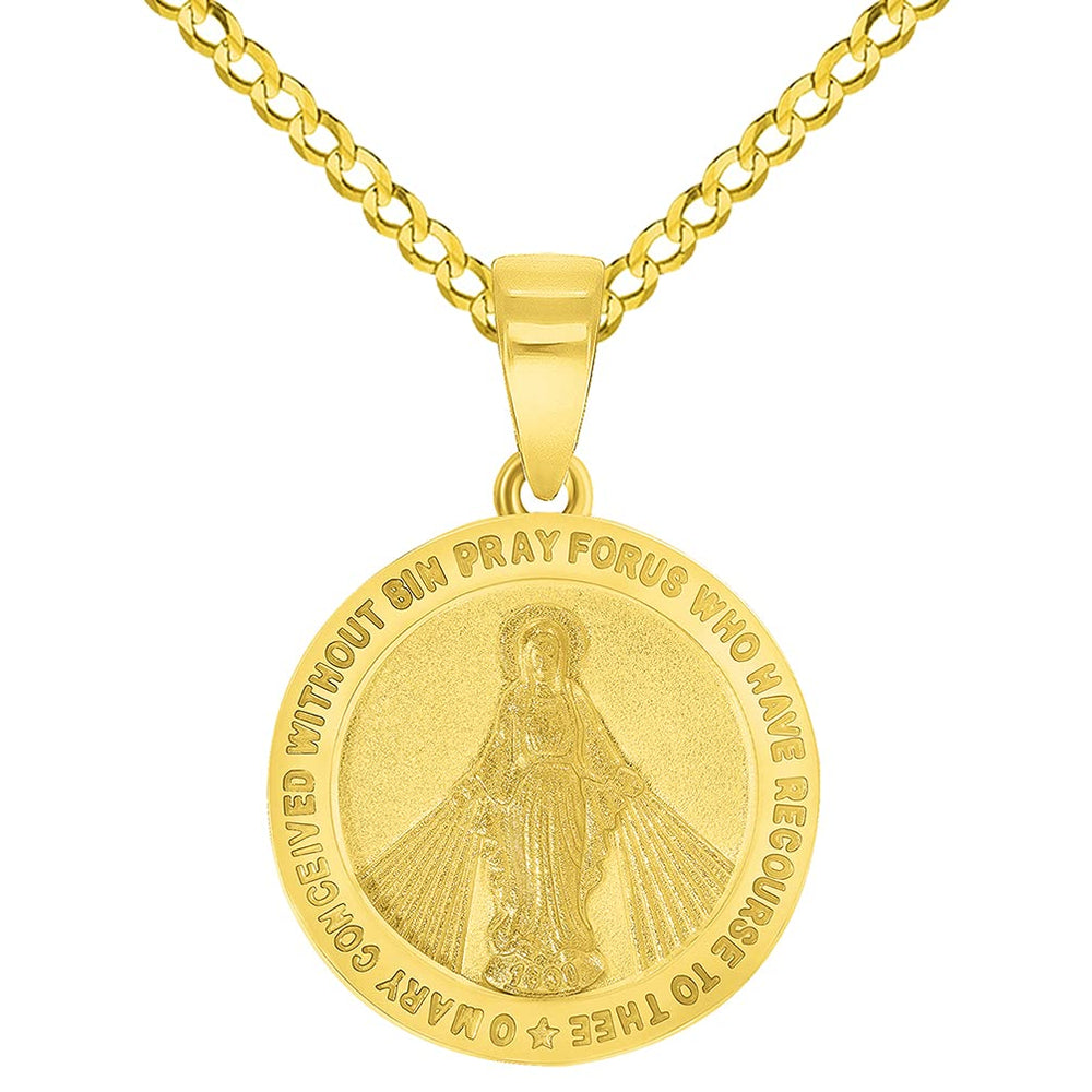 Solid 14k Gold Small Classic Miraculous Medallion of the Virgin Mary Pendant with Curb Chain Necklace - Yellow Gold