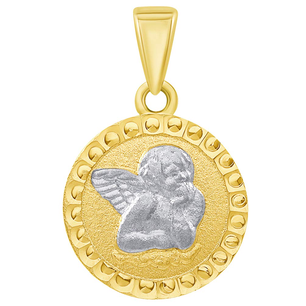 14k Solid Yellow Gold Textured Round Guardian Angel Charm Pendant