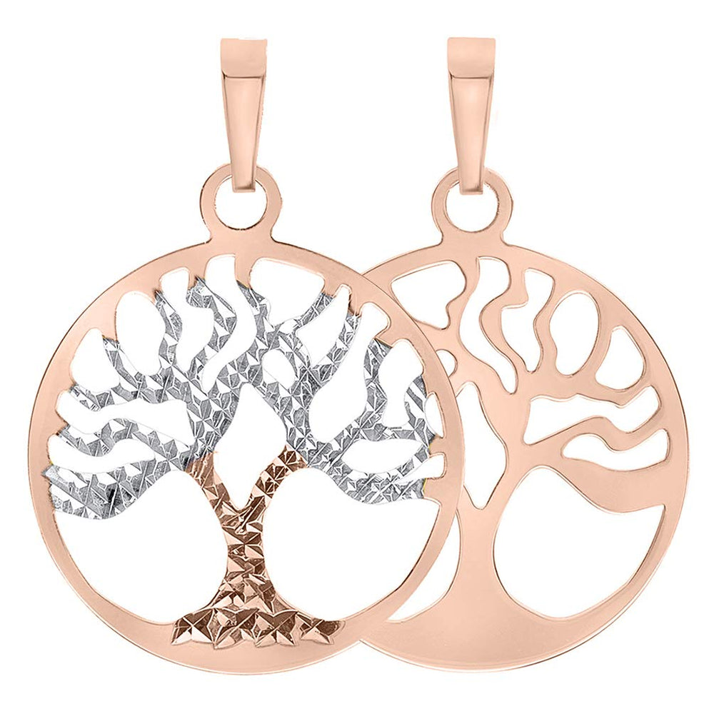 Solid 14K Rose Gold Textured Reversible Round Tree of Life Charm Pendant