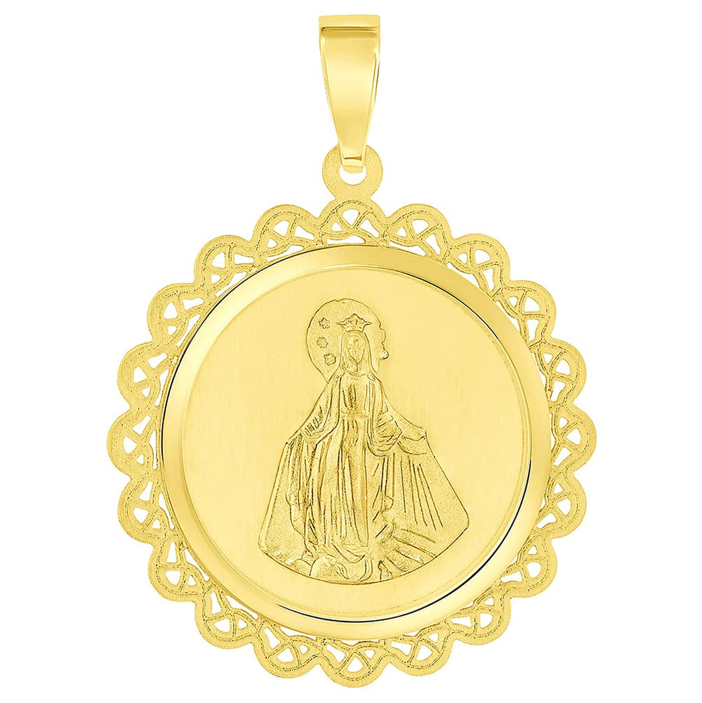 14k Yellow Gold Round Ornate Miraculous Medal of Virgin Mary Pendant (1")