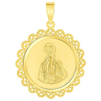 Load image into Gallery viewer, 14k Yellow Gold Round Ornate Miraculous Medal of Virgin Mary Pendant with Figaro Chain Necklace
