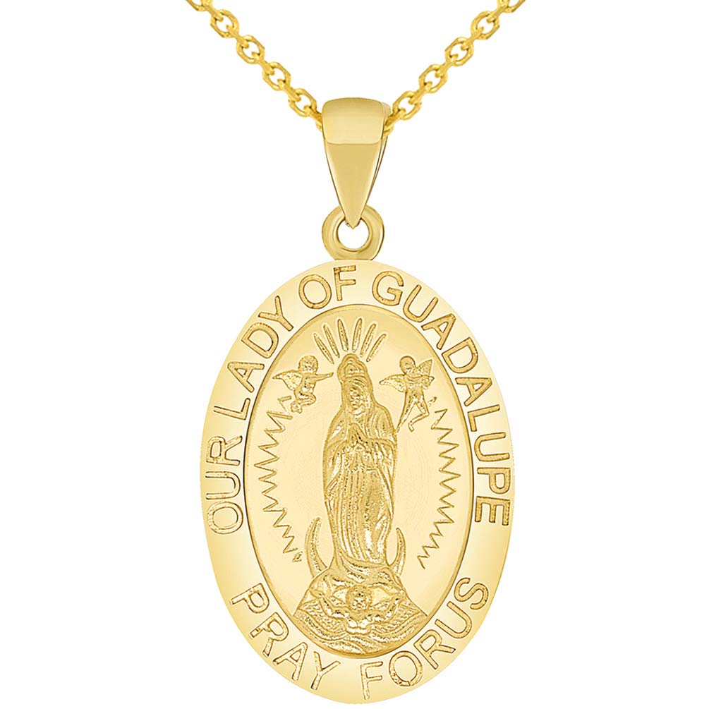 Solid 14k Yellow Gold Small Our Lady Of Guadalupe Pray For Us Miraculous Medal Pendant with Cable Chain Necklace