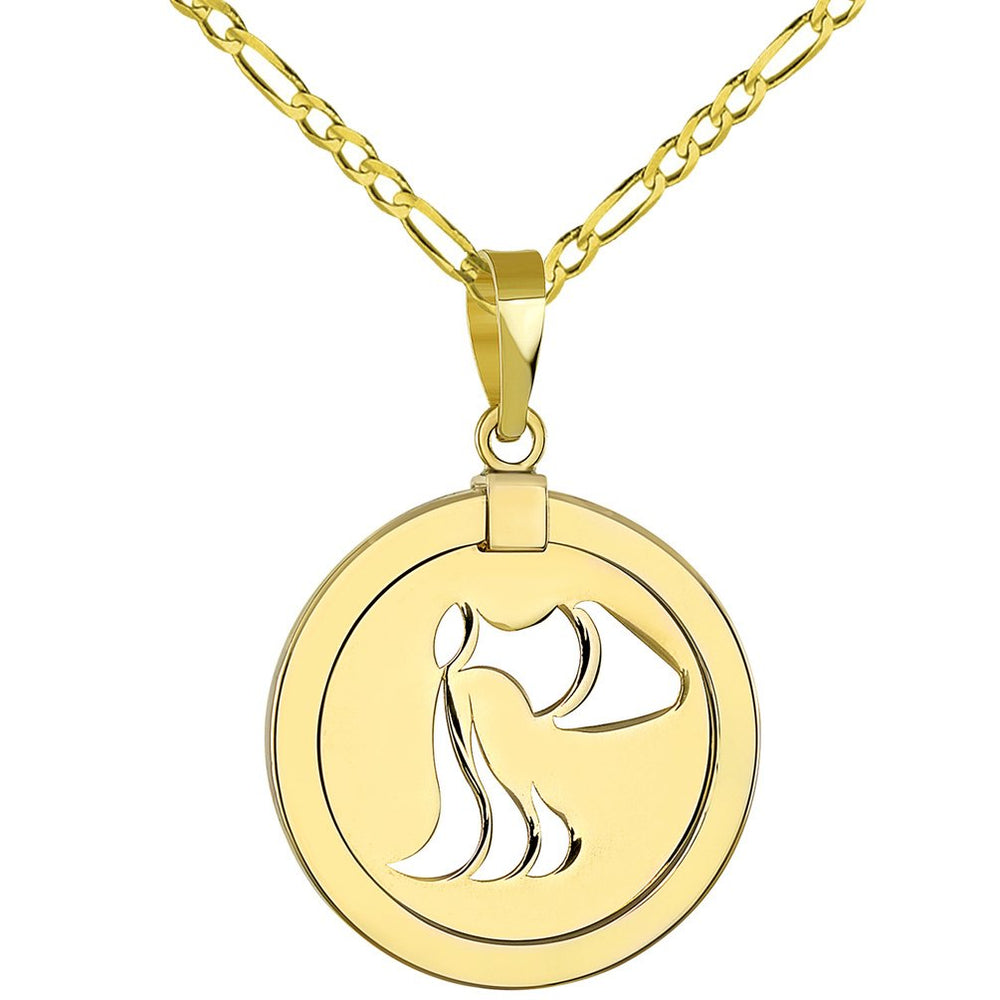 14K Gold Reversible Round Aquarius Zodiac Sign Pendant with Figaro Chain Necklace - Yellow Gold