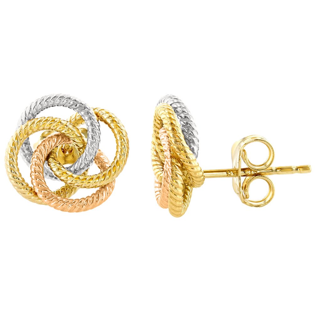 14K Tri-Color Gold Twisted Love Knot Stud Eternity Rope Earrings, 10mm