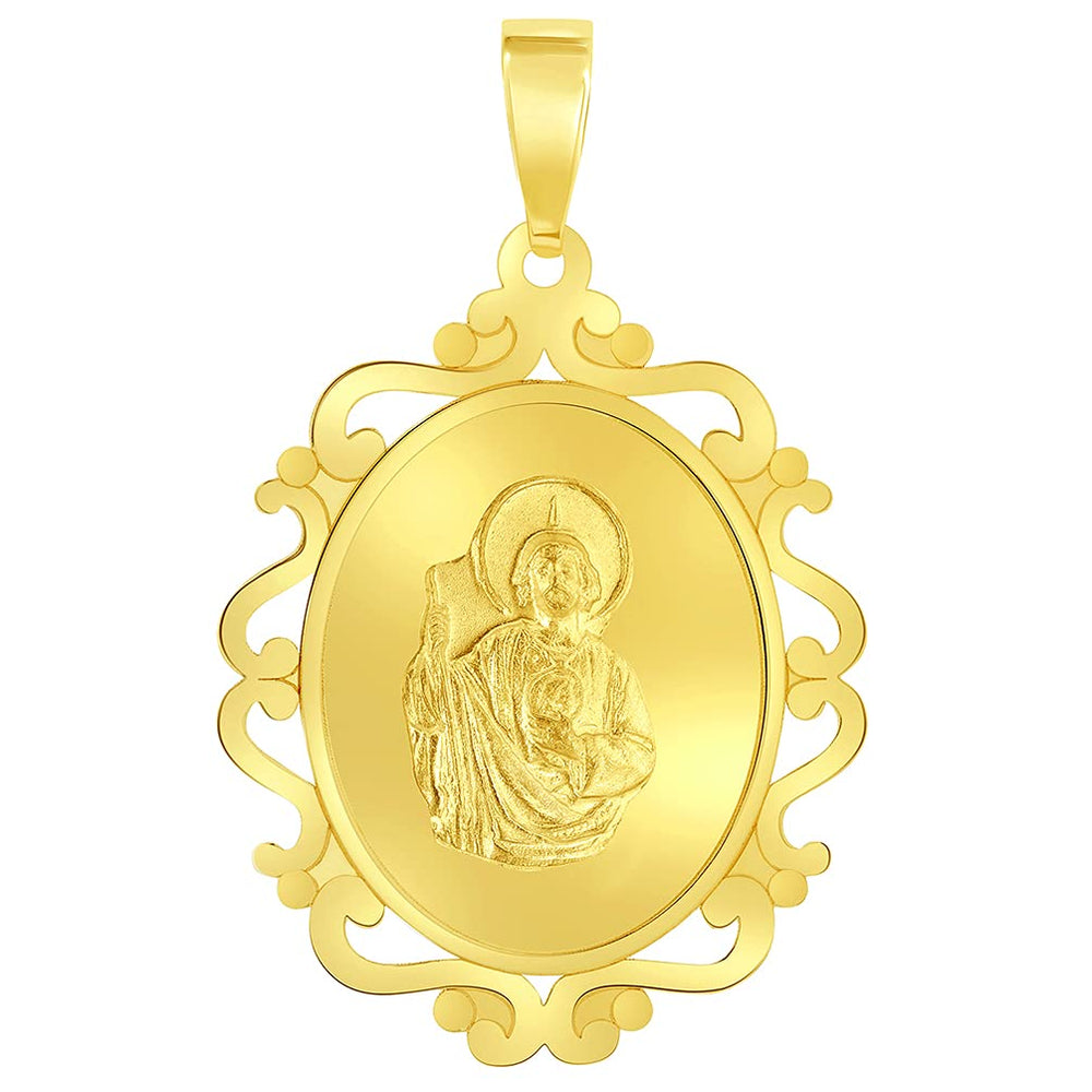 14k Yellow Gold Elegant Ornate Miraculous Medal of Saint Jude Thaddeus the Apostle Pendant (1")