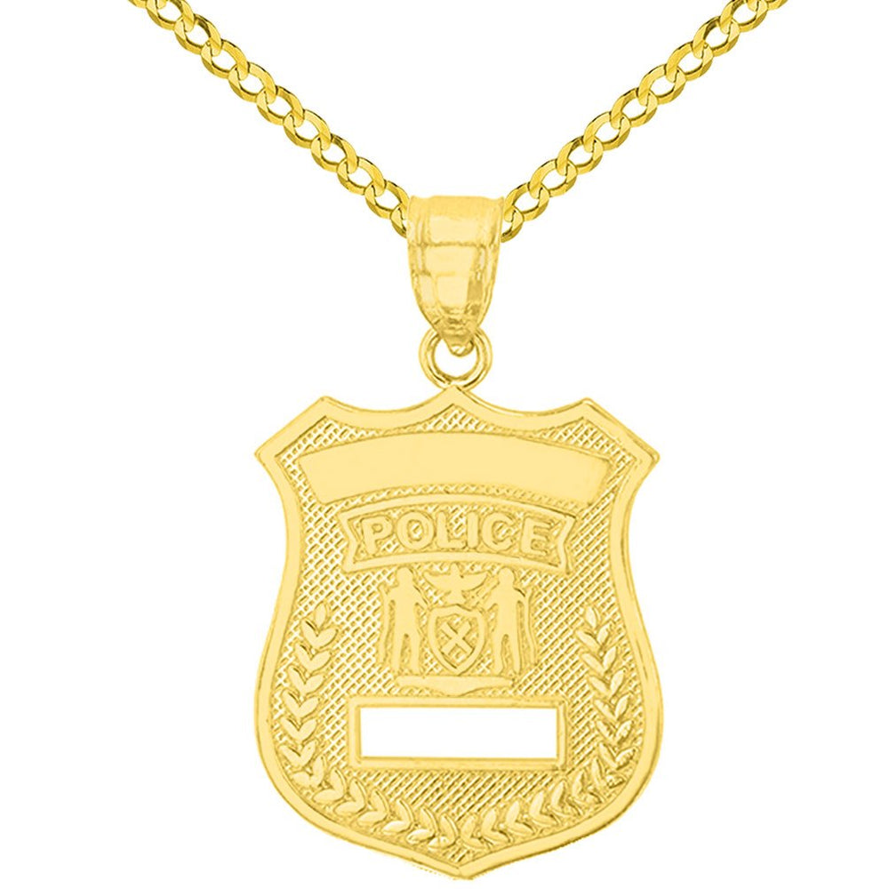 Solid 14K Yellow Gold Police Officer Badge Charm Pendant with Cuban Chain Necklace