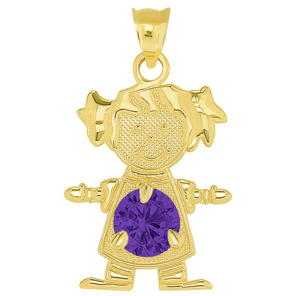 Solid 14k Yellow Gold Little Girl Charm Pendant with Cubic Zirconia Birthstone