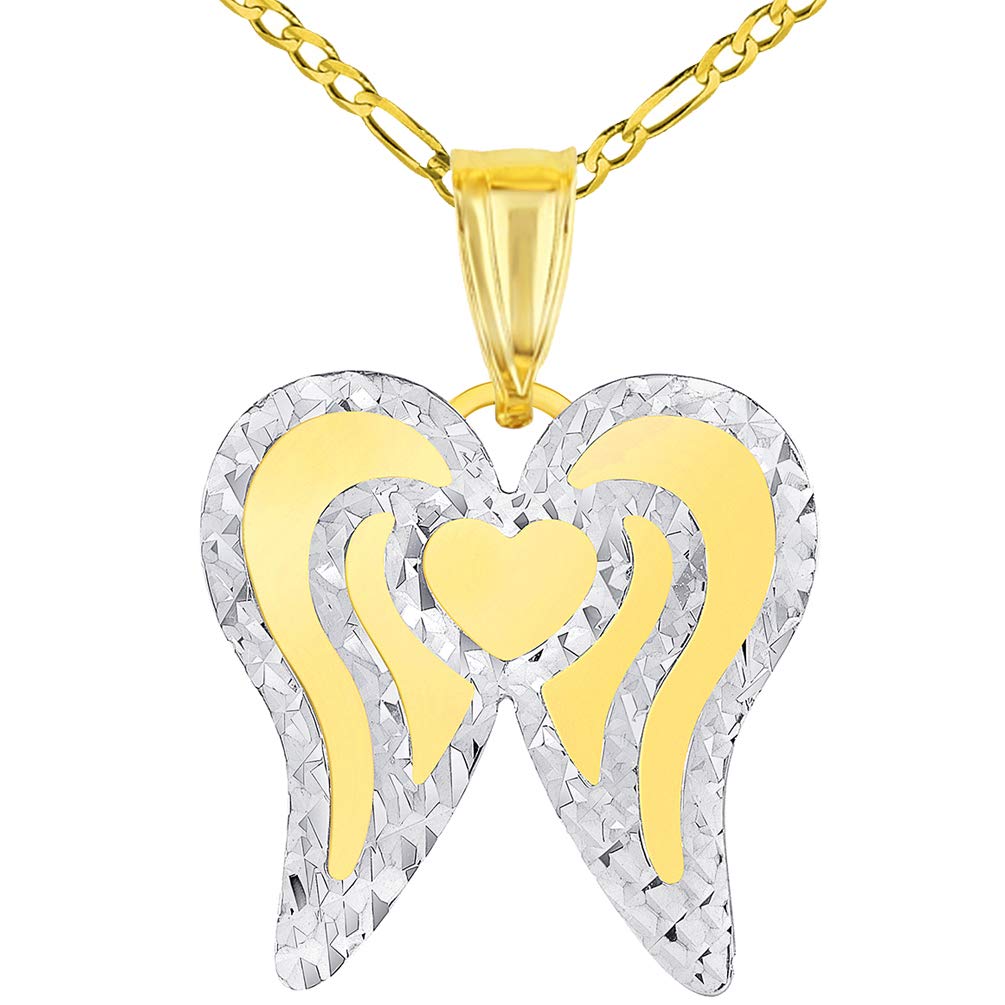 14k Yellow Gold Engravable Personalized Heart with Angel Wings Pendant Figaro Chain Necklace