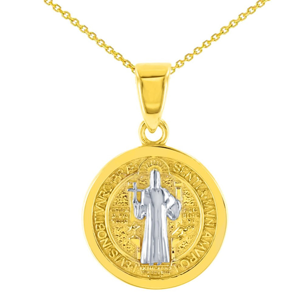 Solid 14K Yellow Gold Polished Saint Benedict Medal Charm Pendant Necklace