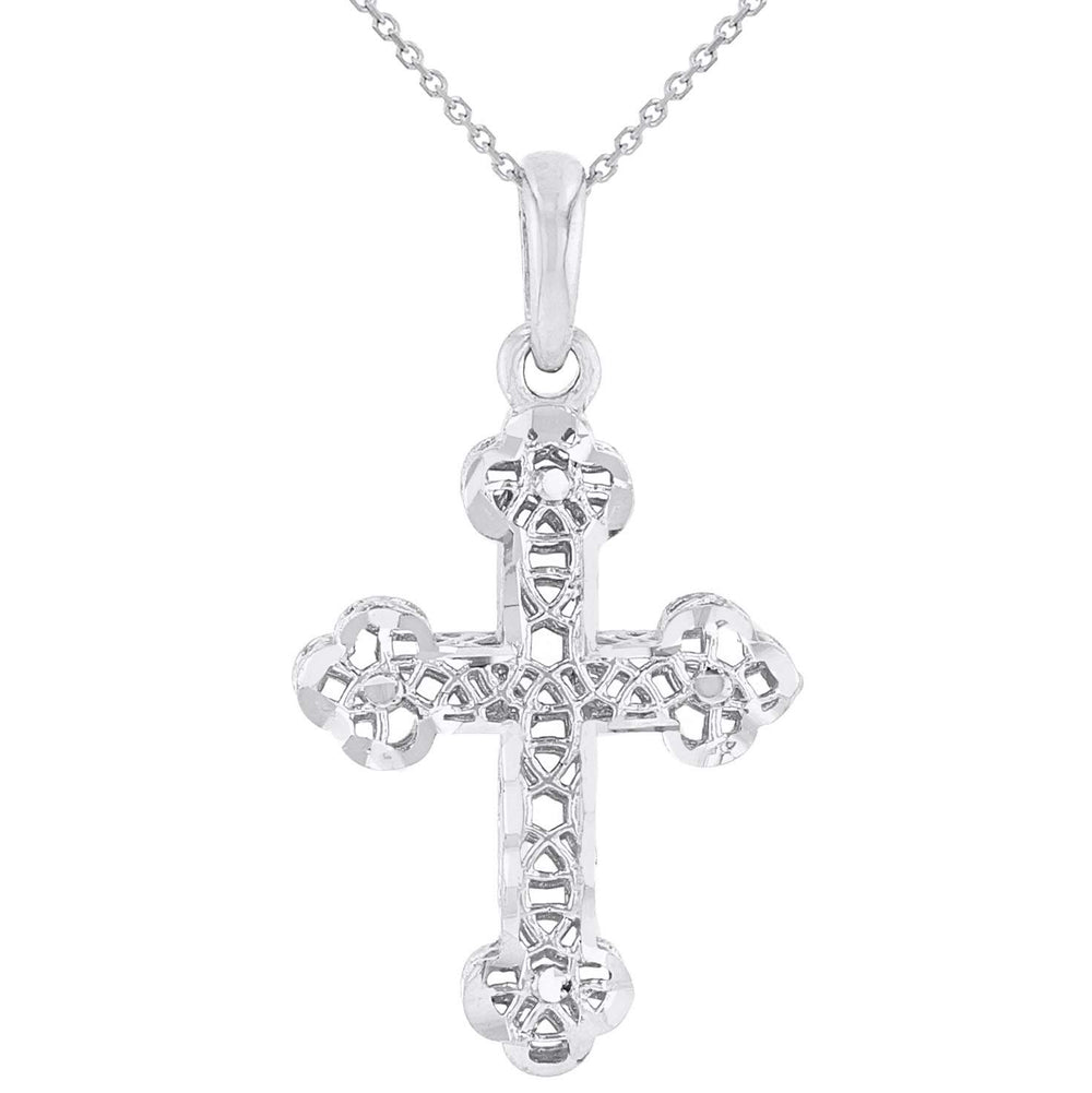 14k White Gold Textured Filigree Christian Orthodox Cross Charm Pendant Necklace