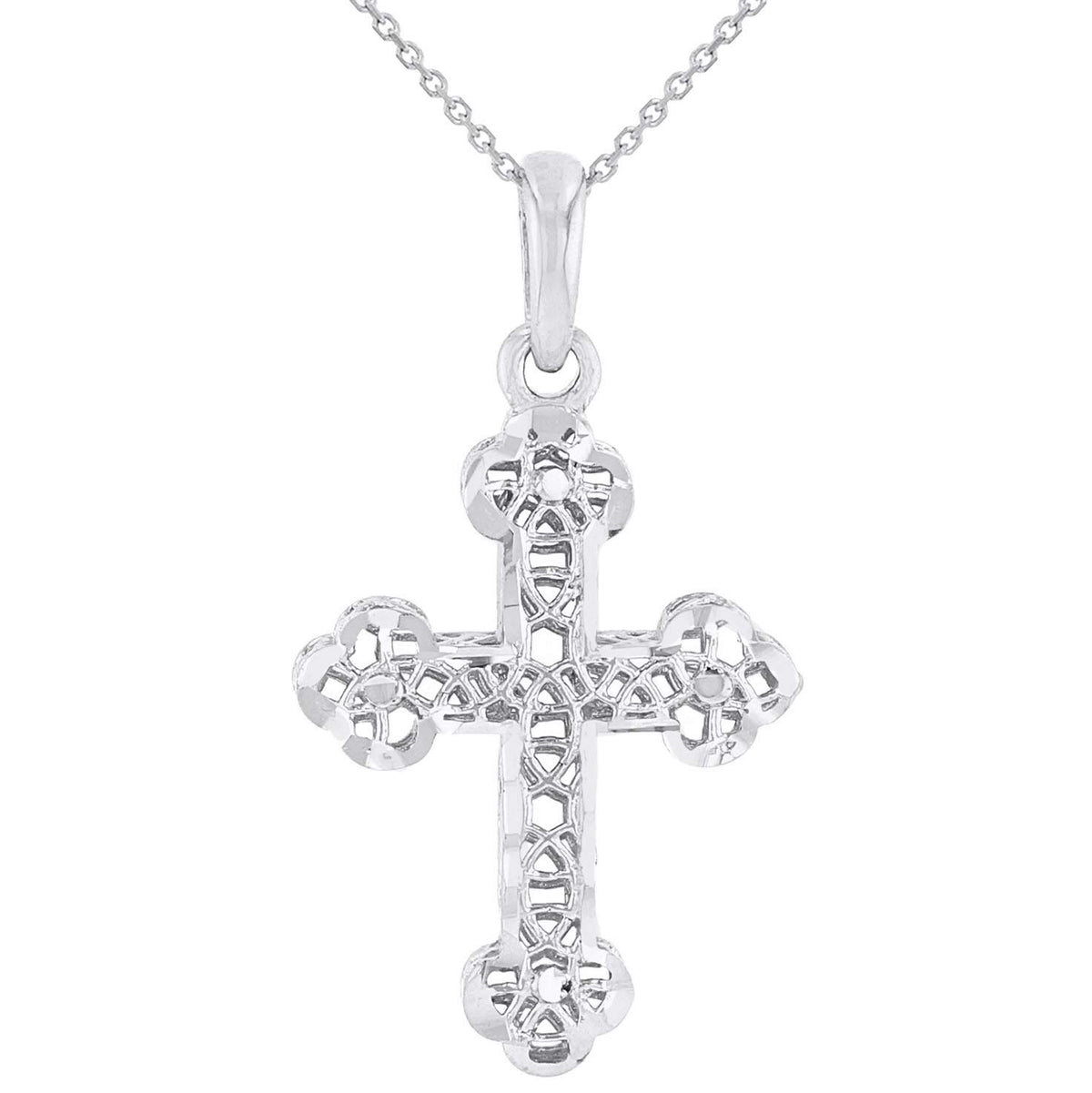 14k White Gold Textured Filigree Christian Orthodox Cross Charm Pendant Necklace