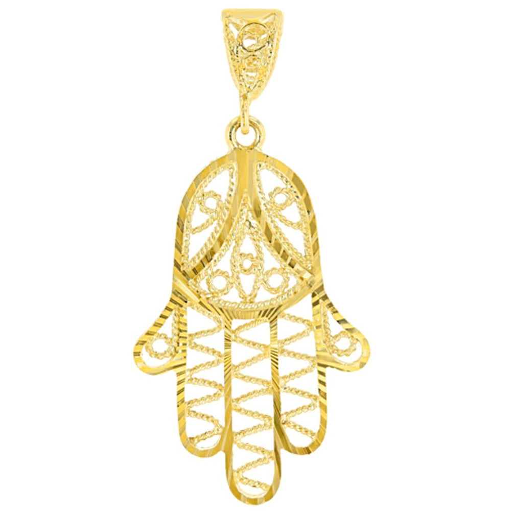 Solid 14K Gold Filigree Hamsa Charm Hand of God Pendant with Texture Finish - Yellow Gold