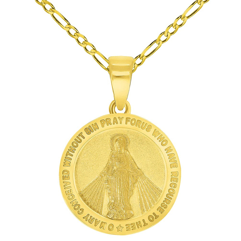 Solid 14k Gold Small Classic Miraculous Medallion of the Virgin Mary Pendant with Figaro Chain Necklace - Yellow Gold