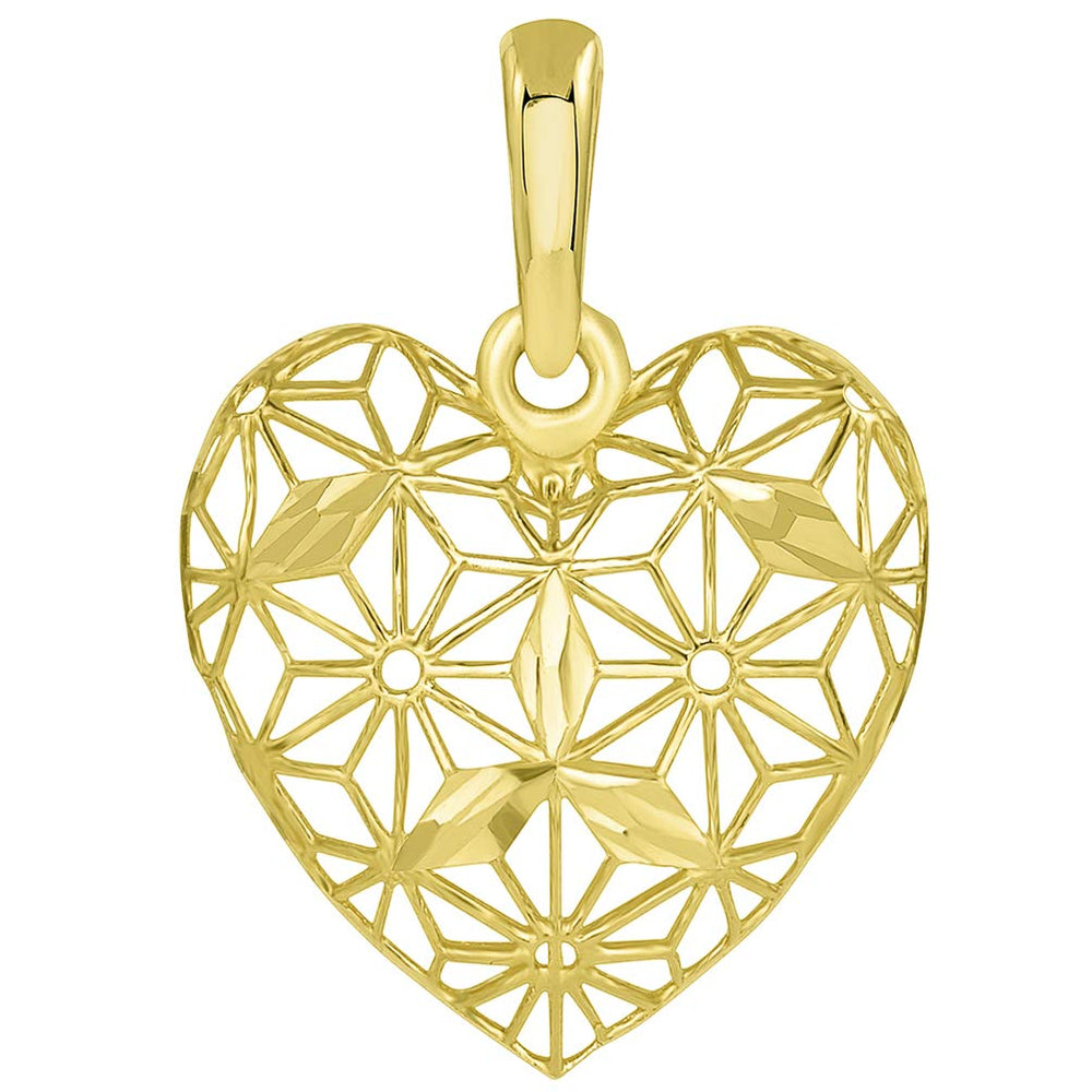 14K Yellow Gold Textured 3D Heart Charm Pendant with Filigree