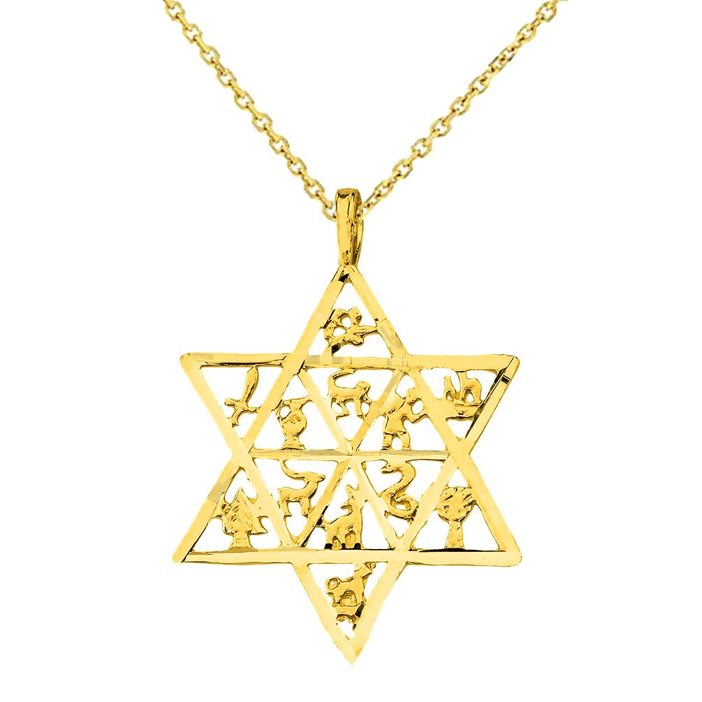 Jewelry America 14k Yellow Gold Textured Star of David Charm with 12 Tribes of Israel Pendant Necklace