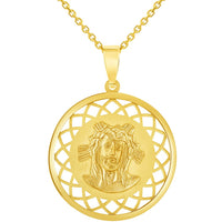 Load image into Gallery viewer, 14k Yellow Gold Holy Face of Jesus Christ On Round Open Ornate Miraculous Medal Pendant Necklace
