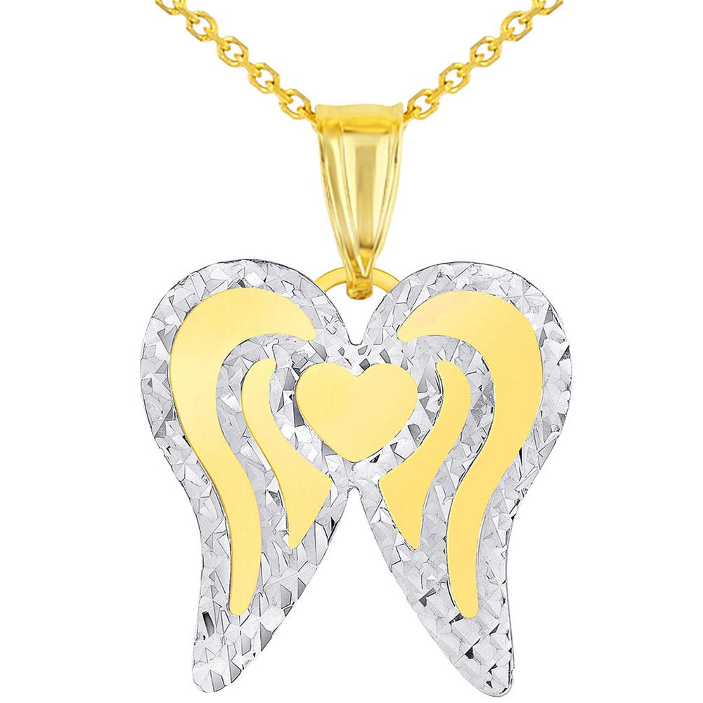 14k Yellow Gold Engravable Personalized Heart with Angel Wings Pendant Necklace