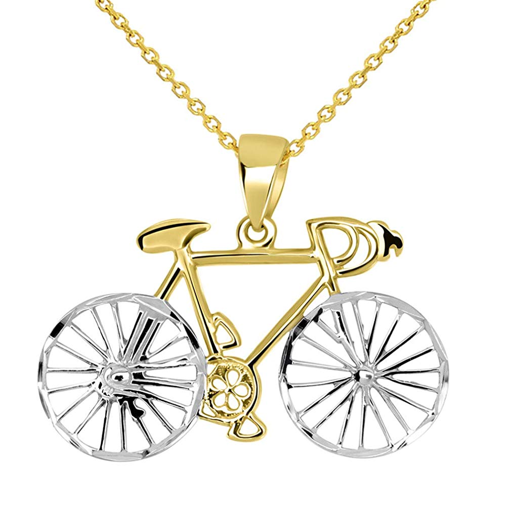 14k Yellow Gold Two-Tone Bicycle Bike with Textured Wheels Pendant Necklace