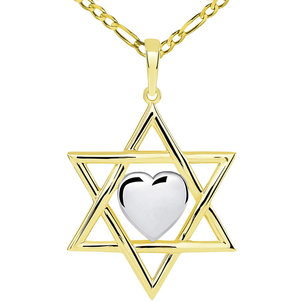 14k Yellow Gold Jewish Love Star of David with Heart Pendant with Figaro Necklace