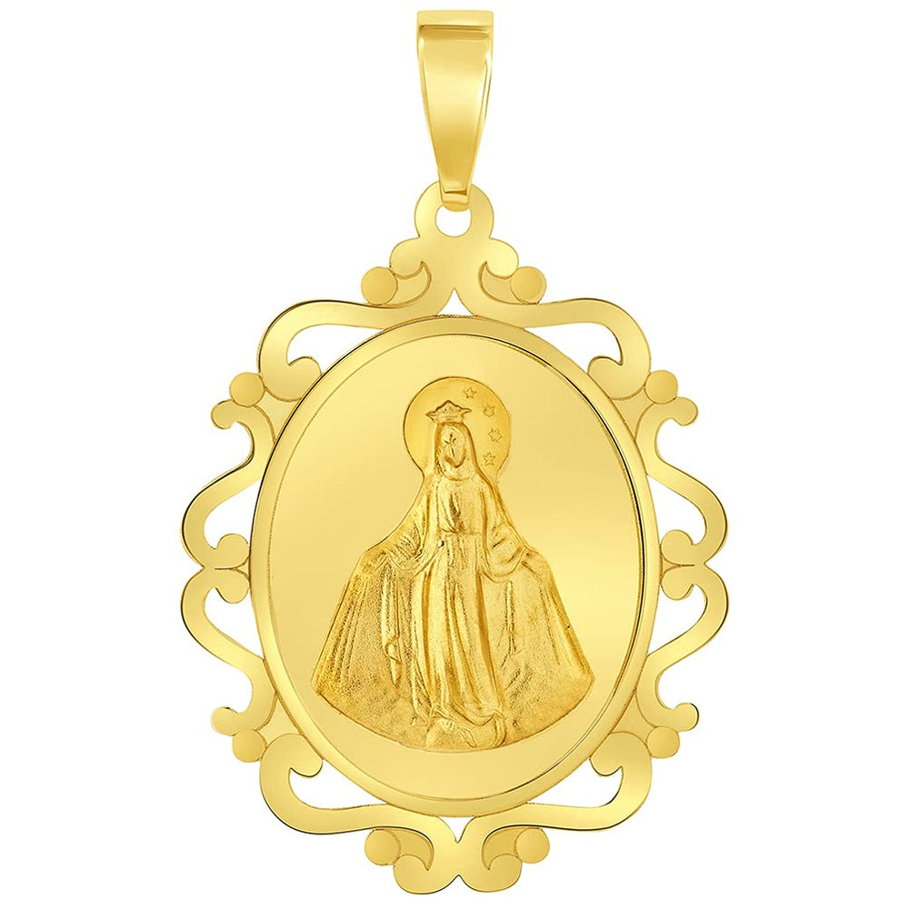 14k Yellow Gold Elegant Ornate Miraculous Medal of Virgin Mary Pendant (1")