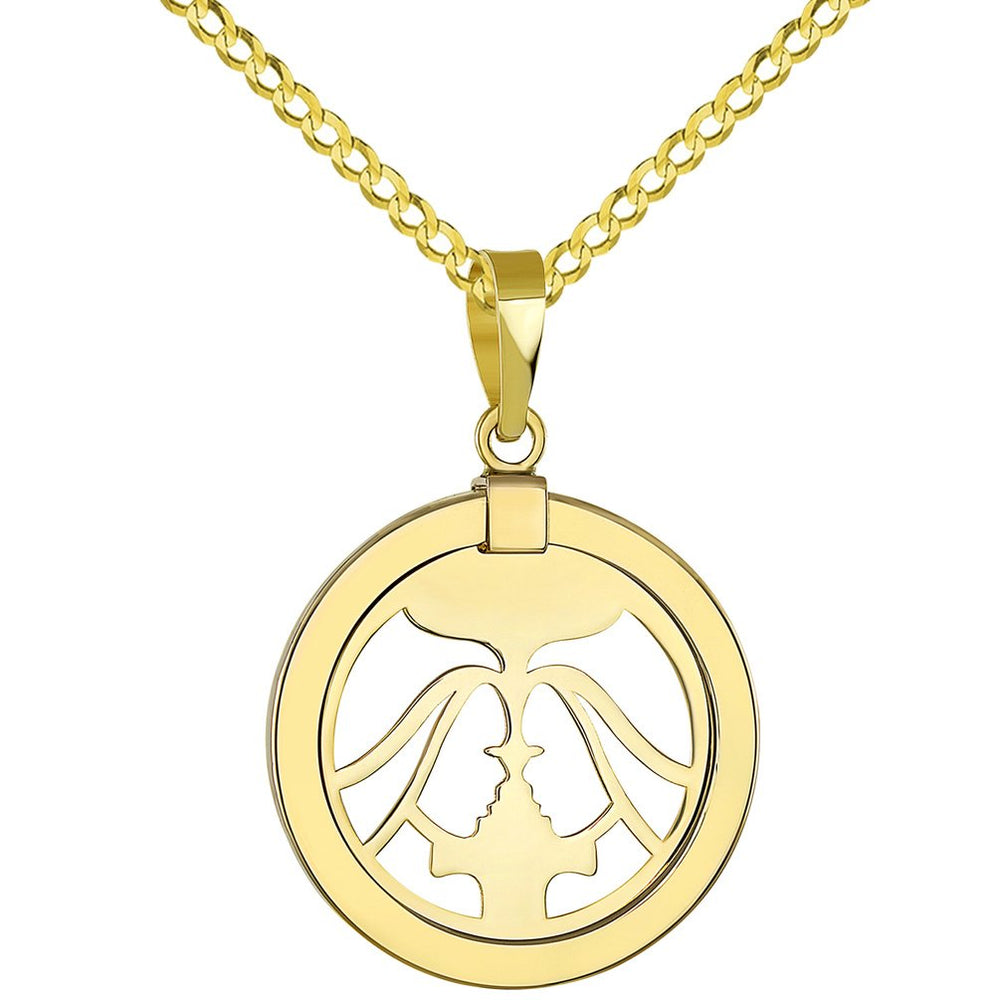 High Polished 14K Yellow Gold Unique Reversible Round Gemini Twins Zodiac Sign Pendant with Cuban Chain Necklace