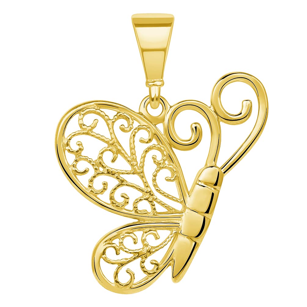 14k Yellow Gold Filigree Wing Flying Butterfly Pendant