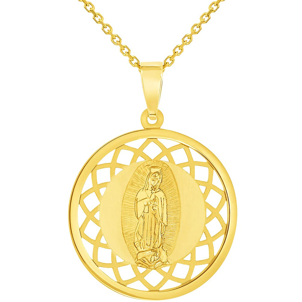 14k Yellow Gold Round Open Ornate Miraculous Medal of Our Lady of Guadalupe Pendant Necklace