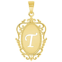 Load image into Gallery viewer, 14k Yellow Gold Elegant Filigree Oval Uppercase Initial T Script Letter Plate Pendant with Cable Chain Necklace
