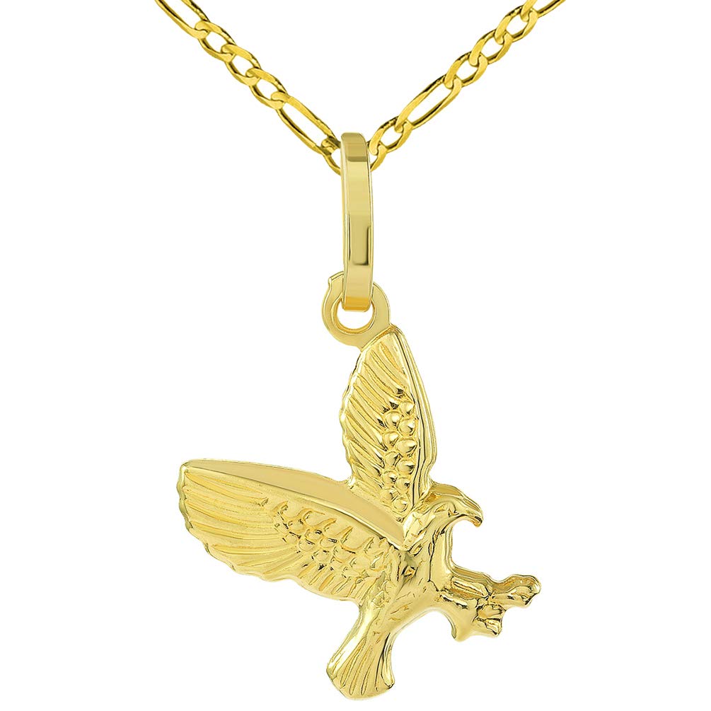 3-D Small Landing American Bald Eagle Charm Pendant with Figaro Chain Necklace