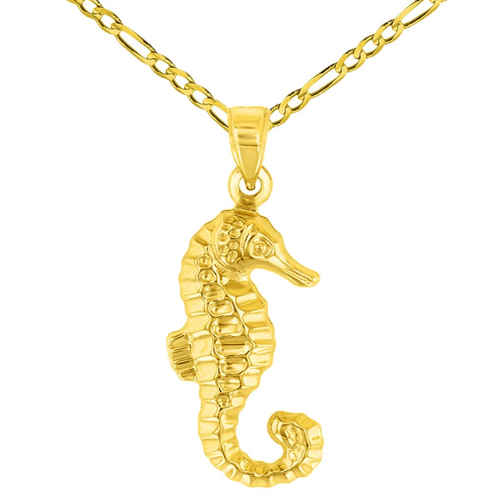 High Polish 14K Yellow Gold 3D Seahorse Charm Animal Pendant Necklace