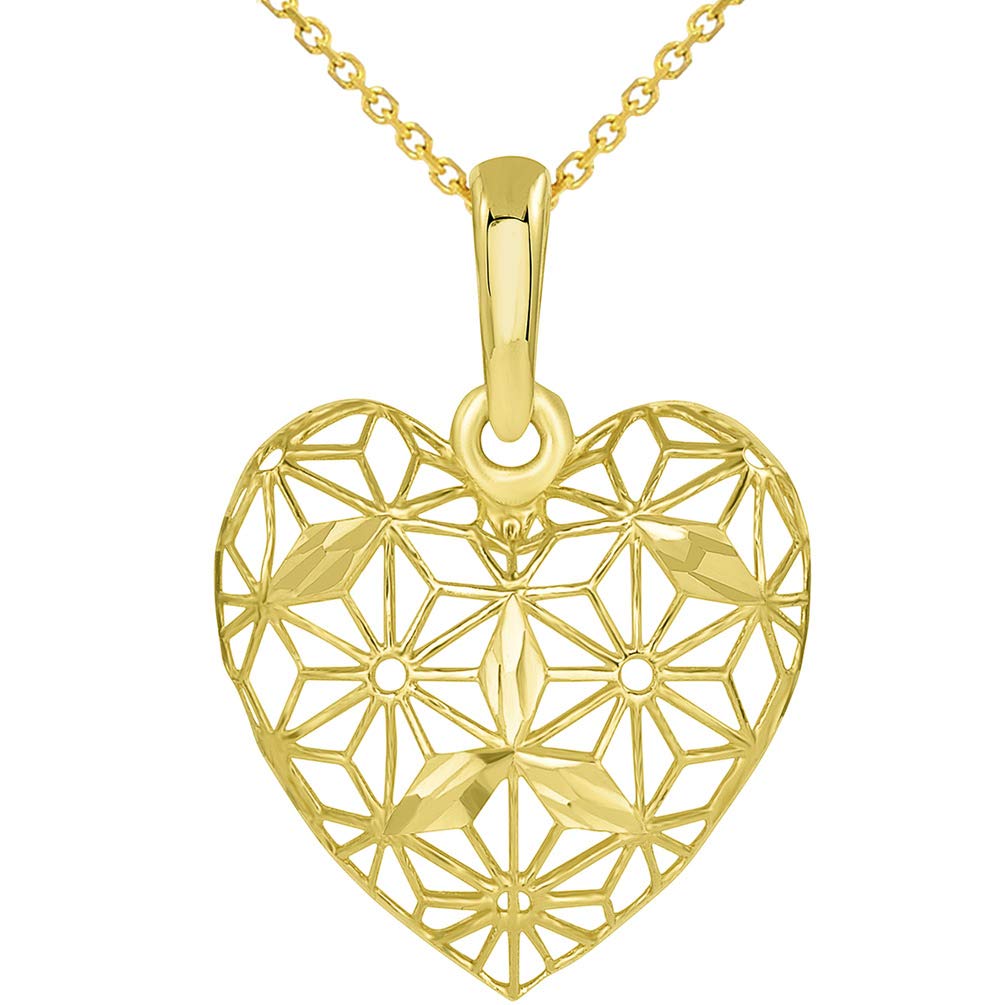 Textured 14K Yellow Gold 3D Heart Charm with Filigree Pendant Necklace