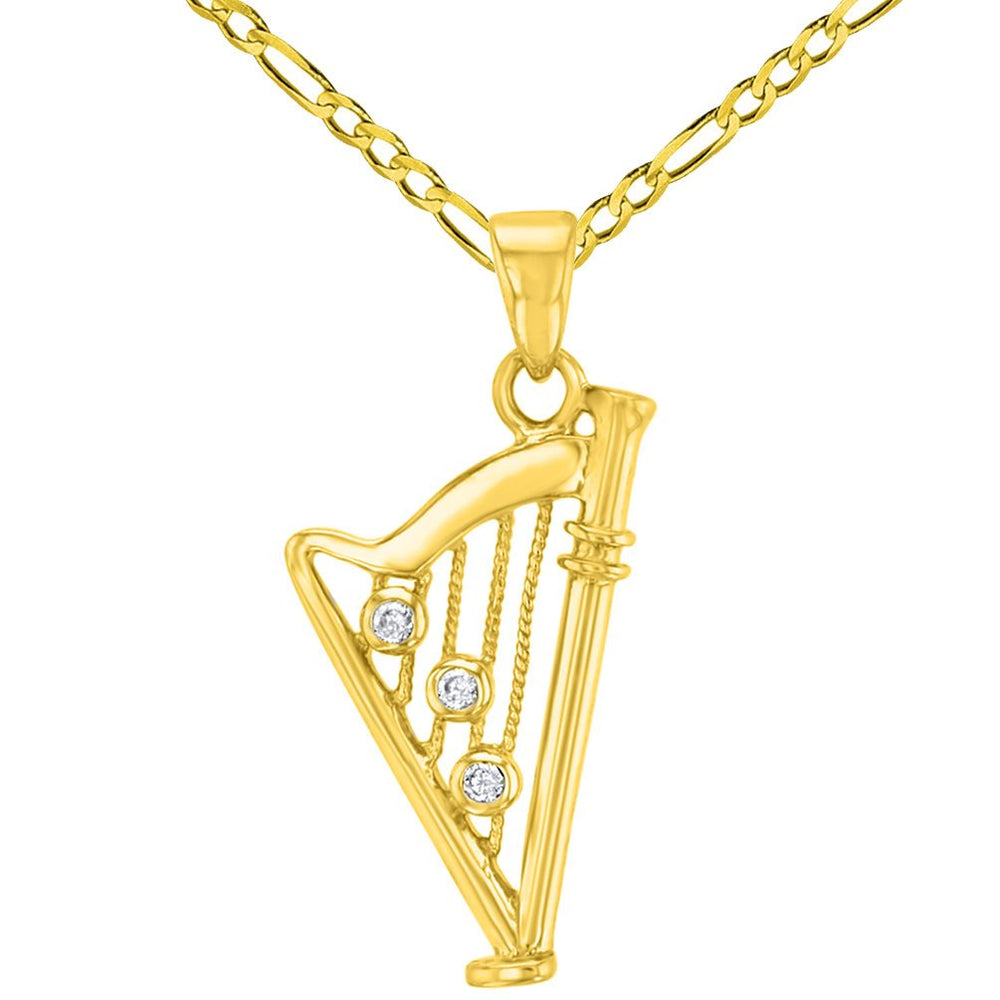 14K Solid Yellow Gold CZ Harp Charm Musical Instrument Pendant with Figaro Chain Necklace