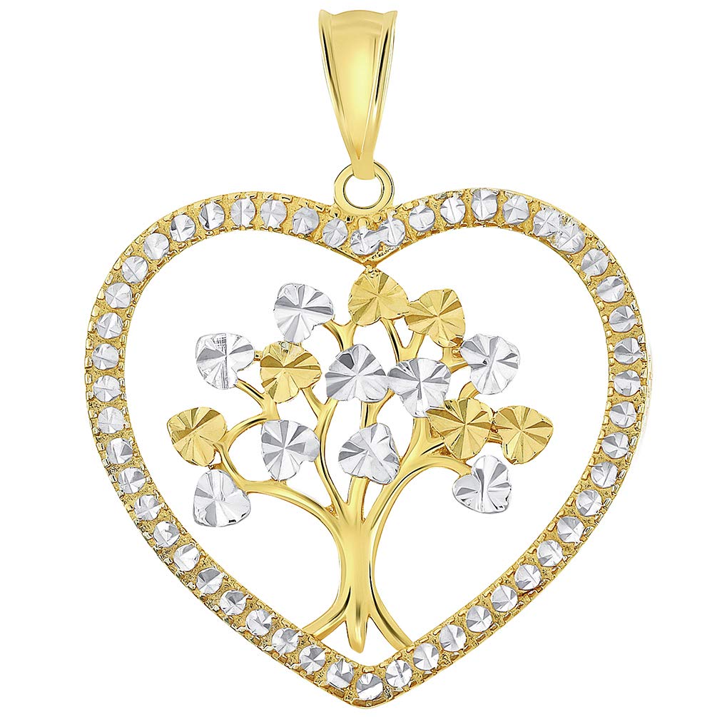 14k Yellow Gold Textured Two Tone Tree of Life Inside Heart Pendant