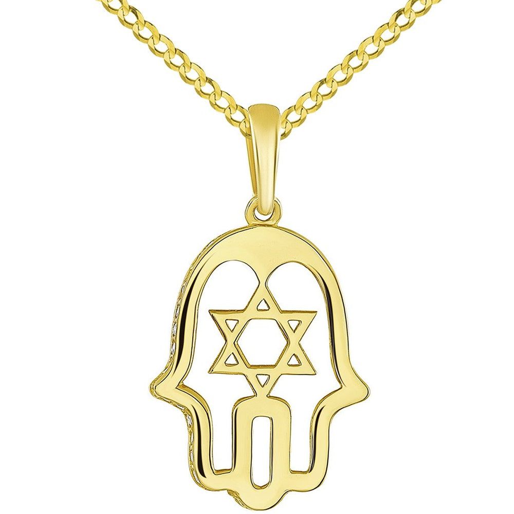 14K Yellow Gold CZ Hamsa Hand of God with Star of David Pendant with Cuban Chain Necklace