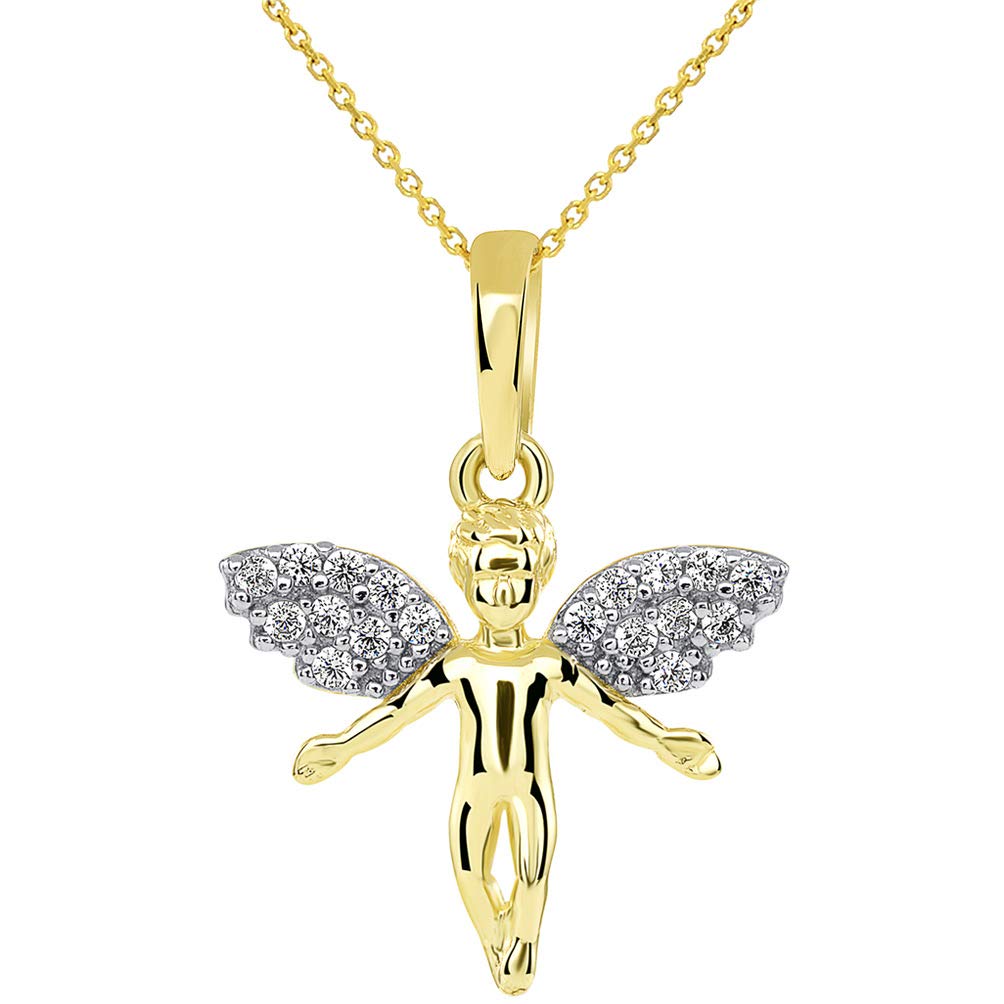 14k Yellow Gold Flying Guardian Angel with Micro Pave CZ Wings Pendant Rolo Chain Necklace
